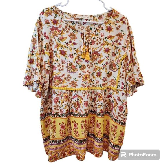 Rusttydustty White Yellow Pink Boho Bohemian Top 3XL XXXL 3X Floral - Picture 1 of 6